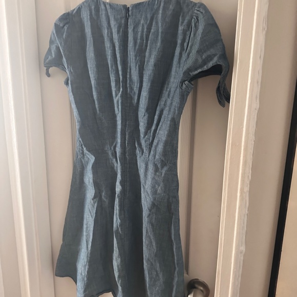 J. Crew Blue Chambray V Neck Ruffle Tie Sleeve Fit Flare Dress - Picture 4 of 4